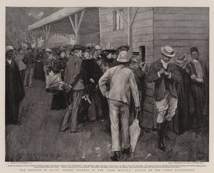 Die Engländer in Ägypten, beim Ticketkauf im Pari Mutuel Büro auf der Kairoer Rennbahn von William Hatherell