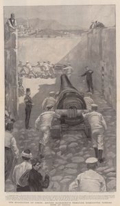 Die Evakuierung von Kreta, britische Matrosen entfernen abmontierte türkische Kanonen in Candia von William Hatherell