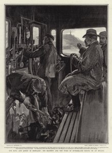Der König und die Königin in Schottland, Seine Majestät und der Herzog von Sutherland auf einer Lokomotive von William Hatherell