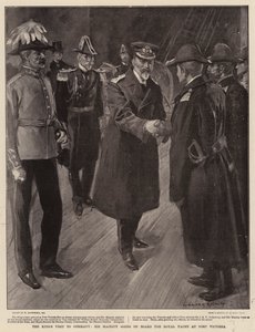 Der Besuch des Königs in Deutschland, Seine Majestät geht an Bord der königlichen Yacht in Port Victoria von William Hatherell