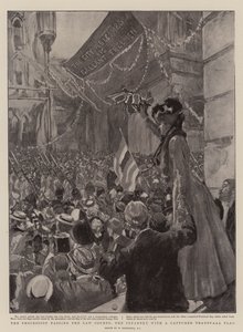 Die Prozession passiert die Gerichte, die Infanterie mit einer erbeuteten Transvaal-Flagge von William Hatherell