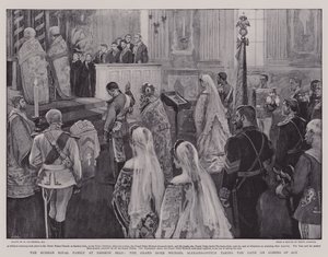 Die russische Zarenfamilie in Zarskoe Selo, der Großherzog Michael Alexandrowitsch legt den Eid ab, als er volljährig wird