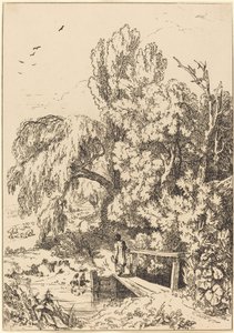 Landschaft mit Bäumen, Mädchen überquert Fußbrücke von William Havell