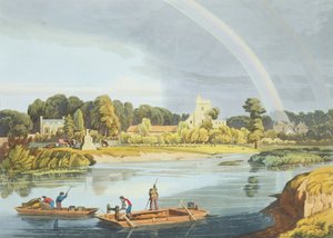 Staines Church mit City Stone am Ufer des Flusses, graviert von Robert Havell der Jüngere, veröffentlicht 1818 von William Havell