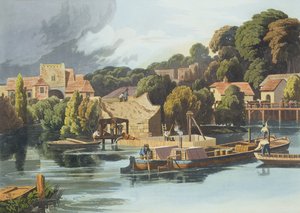Wallingford Castle im Jahr 1810 während der Brückenreparaturen, graviert von Robert Havell dem Jüngeren, veröffentlicht 1818