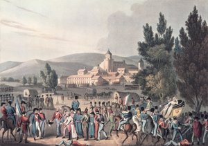 Schlacht von Vittoria, 1813, Gefangene werden gebracht, geätzt von I. Clarke, aquatintiert von M. DuBourg