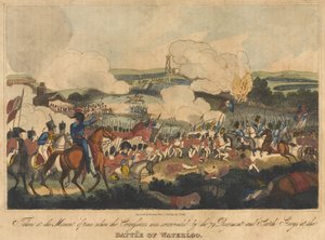 Gefangen im Moment, als die Kürassiere von dem 79. Regiment und den Scotch Greys bei der Schlacht von Waterloo umzingelt wurden, 18. Juni 1815, graviert von Romney und veröffentlicht von Richard Evans, 1816