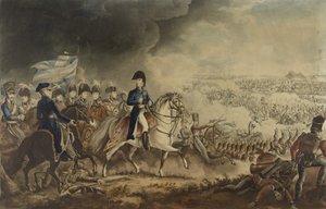 Der Herzog von Wellington und die angesehensten Offiziere in der Schlacht von Waterloo, 18. Juni 1815, Aquatinta von W.T. Fry und T. Sutherland, veröffentlicht von J. Jenkins, London, 18. Juni 1817 (kolorierte Aquatinta) von William Heath