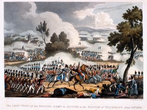 Der linke Flügel der britischen Armee in Aktion bei der Schlacht von Waterloo, graviert von Thomas Sutherland, 1815 von William Heath