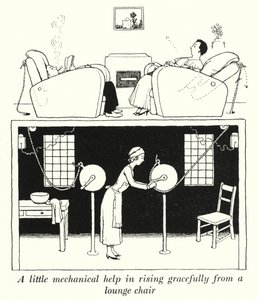 Ein wenig mechanische Hilfe, um anmutig aus einem Sessel aufzustehen (Lithografie) von William Heath Robinson