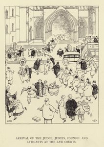 Ankunft des Richters, der Geschworenen, der Anwälte und der Prozessparteien an den Gerichten von William Heath Robinson