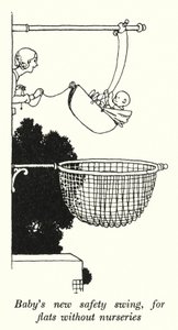 Babys neue Sicherheitsschaukel, für Wohnungen ohne Kinderzimmer von William Heath Robinson
