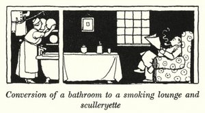 Umwandlung eines Badezimmers in eine Rauchlounge und eine kleine Küche von William Heath Robinson