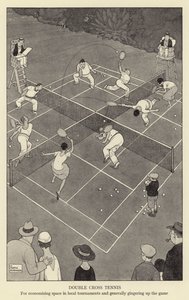 Doppelkreuz-Tennis zur Platzersparnis bei lokalen Turnieren und zur allgemeinen Belebung des Spiels von William Heath Robinson