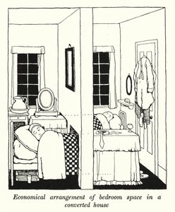 Ökonomische Anordnung des Schlafzimmers in einem umgebauten Haus (Lithografie) von William Heath Robinson