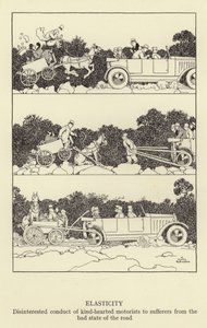Elastizität, uneigennütziges Verhalten gutherziger Autofahrer gegenüber Leidenden aufgrund des schlechten Straßenzustands von William Heath Robinson