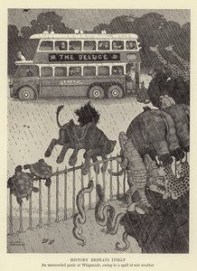 Die Geschichte wiederholt sich, eine unaufgezeichnete Panik in Whipsnade, aufgrund einer Regenperiode von William Heath Robinson