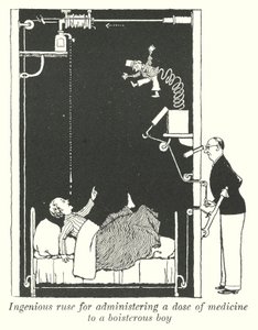 Genialer Trick, um einem ungestümen Jungen eine Dosis Medizin zu verabreichen (Litho) von William Heath Robinson