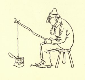 Mann angelt nach Dosenlachs von William Heath Robinson