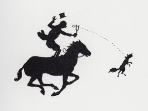 Mann auf Pferd katapultiert Fuchs (Lithografie)