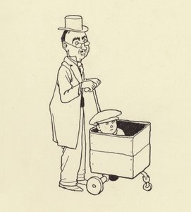 Mann schiebt Jungen in einer Kiste von William Heath Robinson