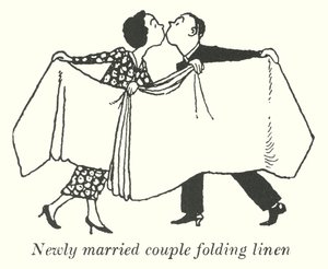 Frisch verheiratetes Paar faltet Wäsche (Lithografie)