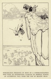 Bemerkenswerte Geistesgegenwart eines Kameramanns, der während eines versehentlichen Sturzes von der Spitze von Beachy Head eine interessante Nahaufnahme von sich selbst machte von William Heath Robinson