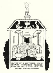 Abschnitt eines umgebauten Hauses, der die praktische Anordnung des verfügbaren Raums für Lounge und Esszimmer zeigt (Lithografie)