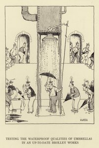 Testen der wasserdichten Eigenschaften von Regenschirmen in einer modernen Brolley-Werkstatt von William Heath Robinson