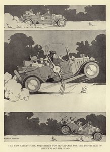 Die neue Sicherheitsgabel-Einstellung für Autos zum Schutz von Hühnern auf der Straße von William Heath Robinson