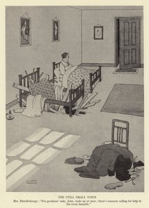 Die leise Stimme, Mrs Blendlethorpe, Um Himmels willen, John, wach sofort auf; da ruft jemand im Zimmer darunter um Hilfe von William Heath Robinson