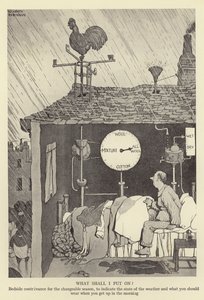 Was soll ich anziehen? Bettseitige Vorrichtung für die wechselhafte Jahreszeit, um den Wetterzustand anzuzeigen und was man morgens anziehen sollte von William Heath Robinson
