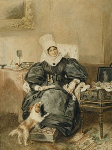 Porträt einer Dame an einem Tisch mit einem Hund