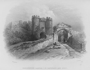 Carisbrooke Schloss, Isle of Wight, Tore und Bergfried (Stich) von William Henry Bartlett