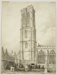 Außenansicht der Temple Church, zeigt eine Beisetzung, ca. 1825 von William Henry Bartlett
