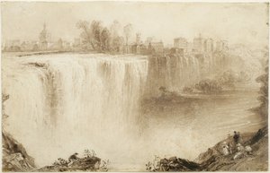 Genesee-Fälle, Rochester, New York: Studie für einen Stich, 1836 (Braunwaschung mit Kratztechnik auf Papier) von William Henry Bartlett