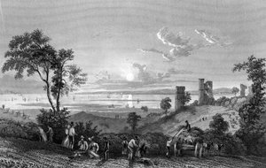 Hadleigh Castle, Essex, Blick Richtung Sheerness, graviert von William Watkins, 1835