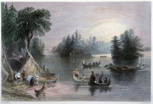 Indianer-Tipis und Kanus, Ufer des St. Laurent - in „Canadian scenery illustrated“ von W.H. Bartlett, London