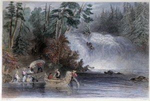 Männer tragen Kanus beim Überqueren eines Wildbachs - in „Canadian Scenery Illustrated“ von W.H. Bartlett, London