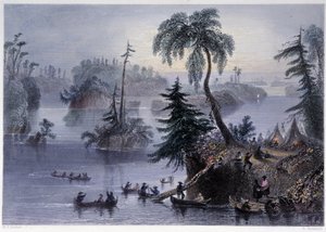 Szene unter den Tausend Inseln: Lager und Boote, Mille Îles - in „Canadian Scenery Illustrated“ von Bartlett W. H.