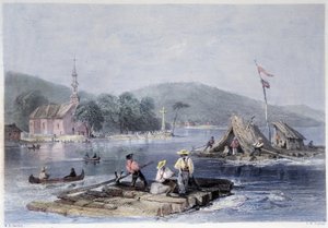 Siedlerflöße und Holztransport auf dem Lake of the Two Mountains - in „Canadian Scenery Illustrated“ von Bartlett W. H. von William Henry Bartlett