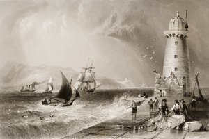 South Wall Leuchtturm mit Howth Hill in der Ferne, Dublin, aus 