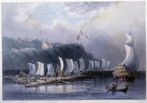 Holztransport auf dem St. Laurent zum Cap Santé - in „Canadian scenery illustrated“ von Bartlett W. H. von William Henry Bartlett