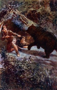 "Ich stieß den Speer mit aller Kraft in die Brust des Bären" (Farblithografie) von William Henry Charles Groome