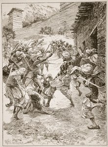 Leutnant Harley, an der Spitze von vierzig Sikhs und sechzig Kaschmiris, stürmte das Haus über dem Mund der Mine, Illustration aus 