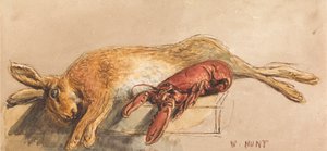 Ein toter Hase und ein gekochter Hummer auf einer Bank von William Henry Hunt