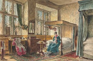 Miss Moore näht in ihrem Schlafzimmer, Hardwick Hall, Derbyshire