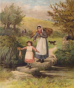 Frau und Mädchen überqueren einen Bach über Trittsteine von William Henry James (after) Boot