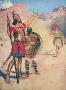 David und Goliath, aus Das Bibelbilderbuch, veröffentlicht von Thomas Nelson, ca. 1950 von William Henry Margetson