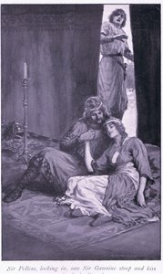 Sir Pelleas, der hineinschaut, sah Sir Gawaine sich bücken und die Dame Ettard küssen von William Henry Margetson